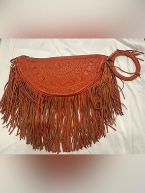 Hand Crafted Burnt Orange Fringed Leather Wristlet Clutch